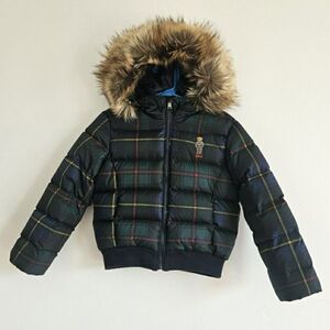 Polo Ralph Lauren Plaid Puffer Jacket with Faux Fur Trim Size 6 Kids